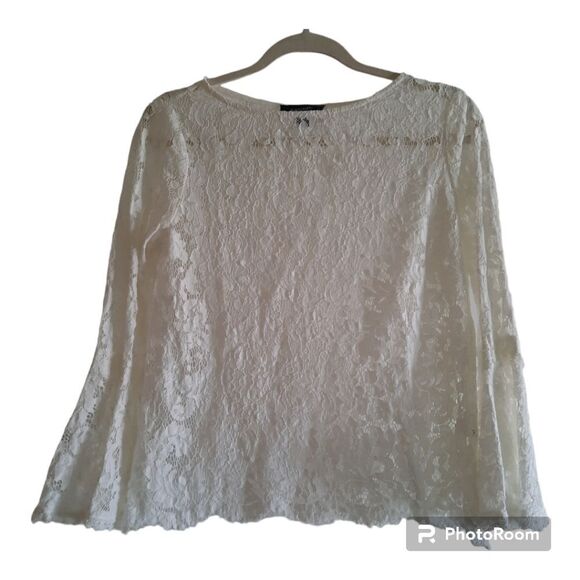 Karen Kane Floral Lace Three Quarters Ruffed Sleeves Popover Blouse - Picture 1 of 4
